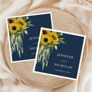Navy Blue Floral Sunflower Eucalyptus Wedding Napkin