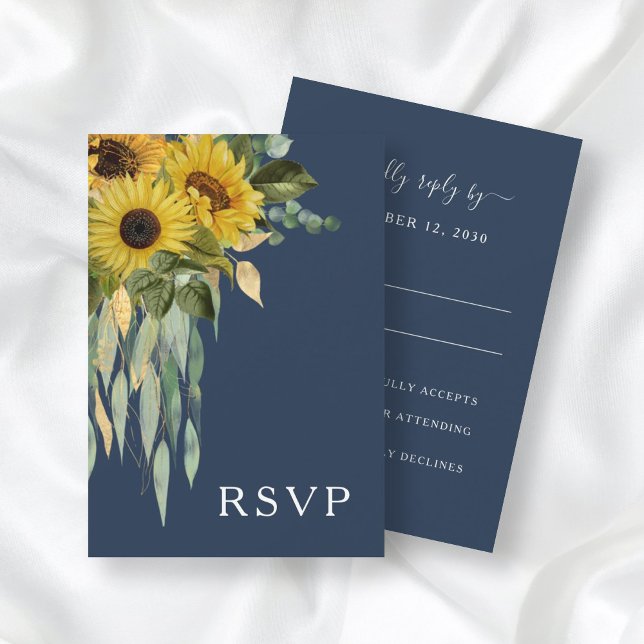Navy Blue Floral Sunflower Eucalyptus Wedding RSVP Card (Creator Uploaded)