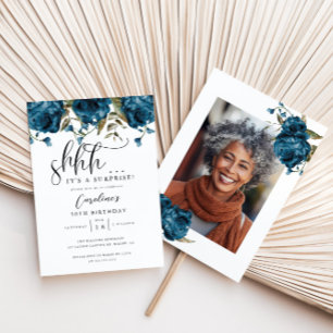 Navy Blue Floral Surprise Birthday Party  Invitation