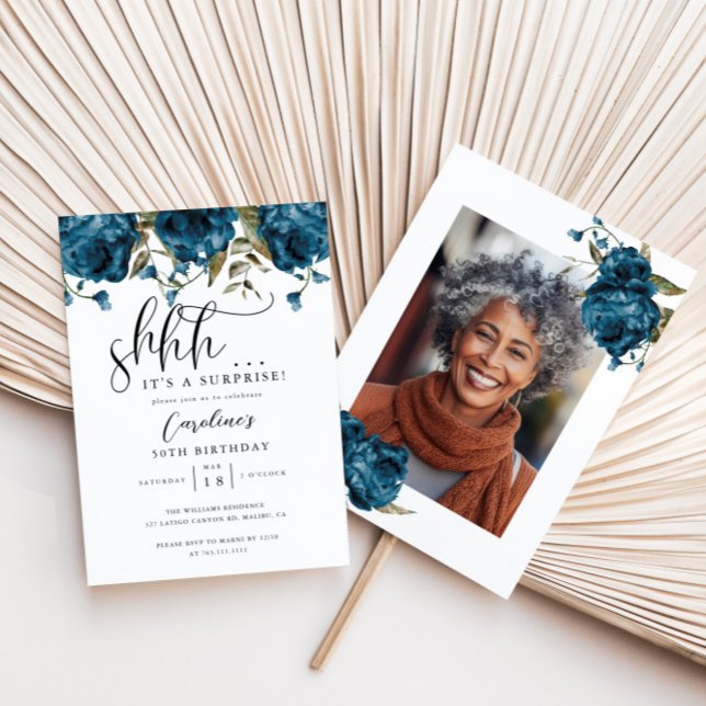 Navy Blue Floral Surprise Birthday Party  Invitation (Creator Uploaded)