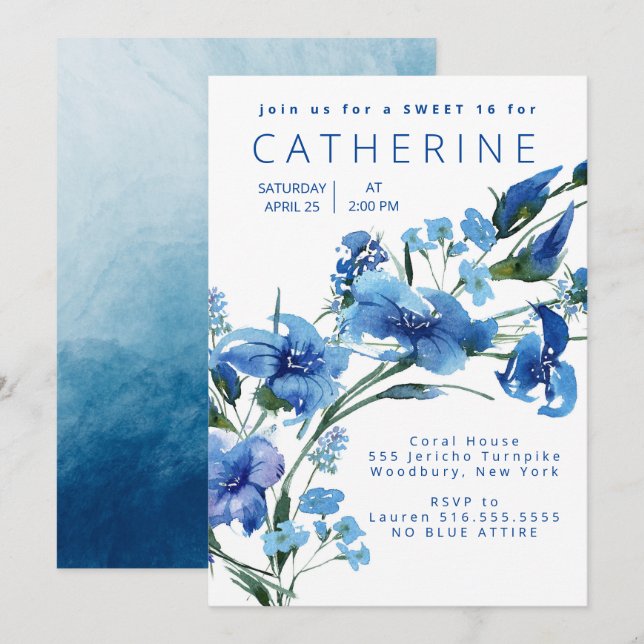 Navy Blue Floral Sweet 16 Party Invitation (Front/Back)