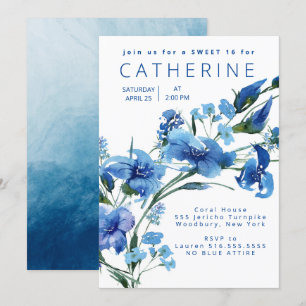 Navy Blue Floral Sweet 16 Party Invitation
