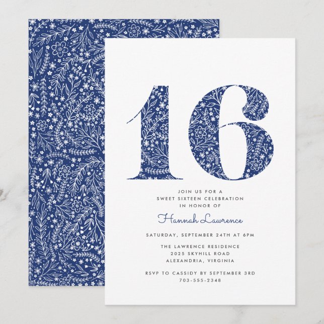 Navy Blue Floral Sweet Sixteen Birthday Invitation (Front/Back)