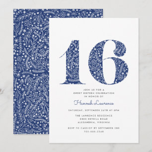 Navy Blue Floral Sweet Sixteen Birthday Invitation
