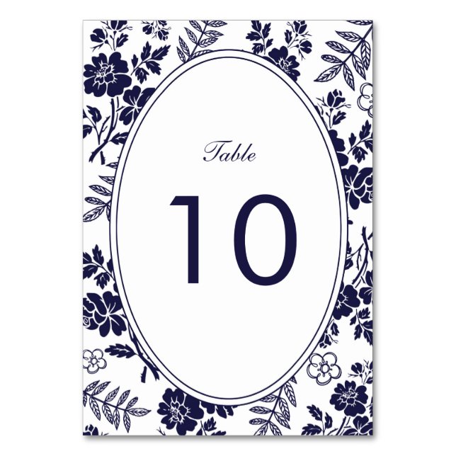 Navy Blue Floral Table Number Card (Front)