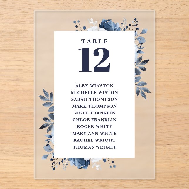 Navy Blue Floral Table Number Seating Chart (Front)