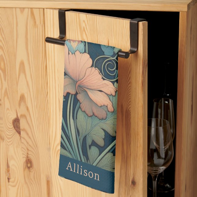 Navy blue floral tea towel (Thirds Fold)