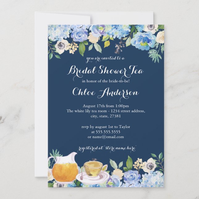 Navy Blue Floral Teacup Bridal Shower Invitation (Front)