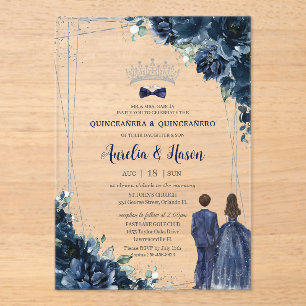 Navy Blue Floral Twins Boy Girl Silver Quinceañera Acrylic Invitations