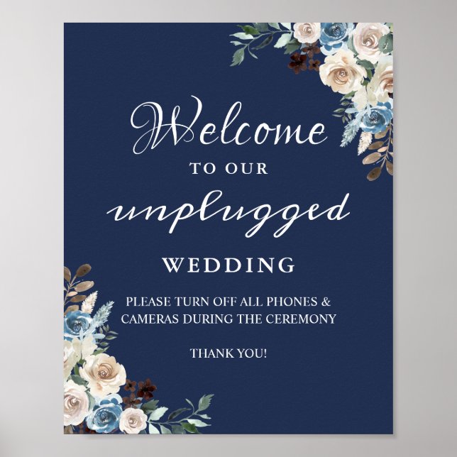 Navy Blue Floral Unplugged Wedding Sign (Front)