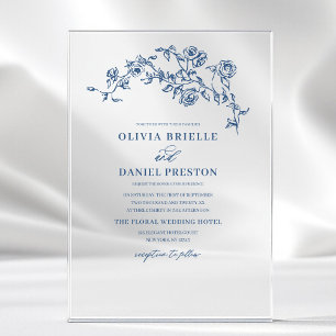 Navy Blue Floral Victorian French Elegant Wedding  Acrylic Invitations
