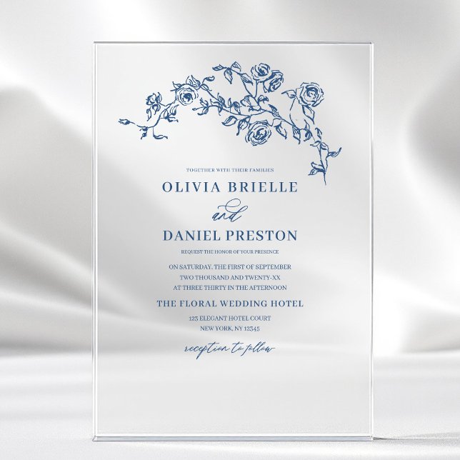 Navy Blue Floral Victorian French Elegant Wedding  Acrylic Invitations (Creator Uploaded)