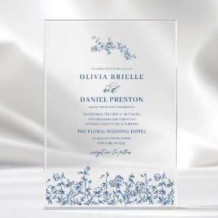 Navy Blue Floral Victorian French Elegant Wedding  Acrylic Invitations
