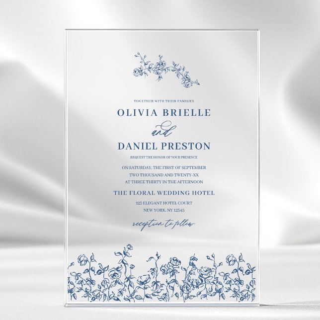 Navy Blue Floral Victorian French Elegant Wedding  Acrylic Invitations (Creator Uploaded)