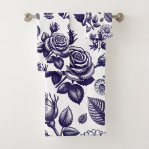 Navy blue Floral Vintage  Bath Towel Set