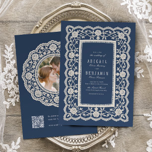 Navy Blue Floral Vintage Lace Classic Wedding Invitation