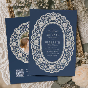 Navy Blue Floral Vintage Lace Classic Wedding Invitation