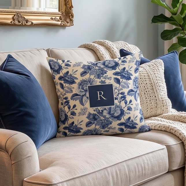 Navy Blue Floral Vintage Monogram  Cushion (Creator Uploaded)