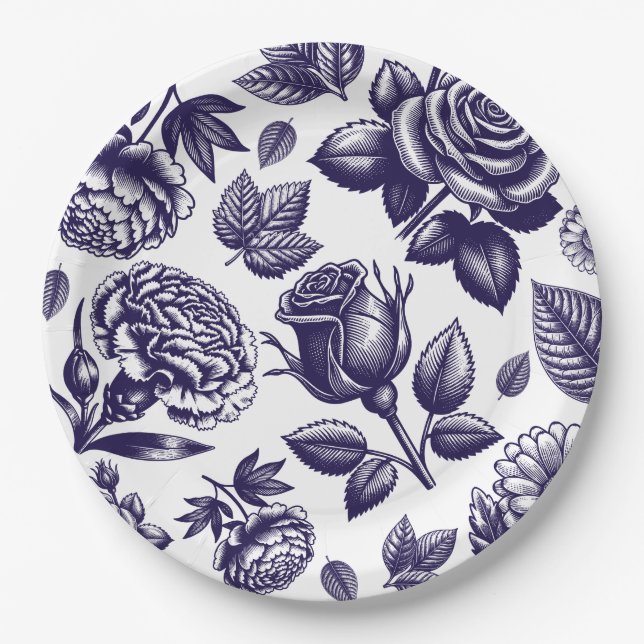 Navy Blue Floral Vintage Paper Plate (Front)