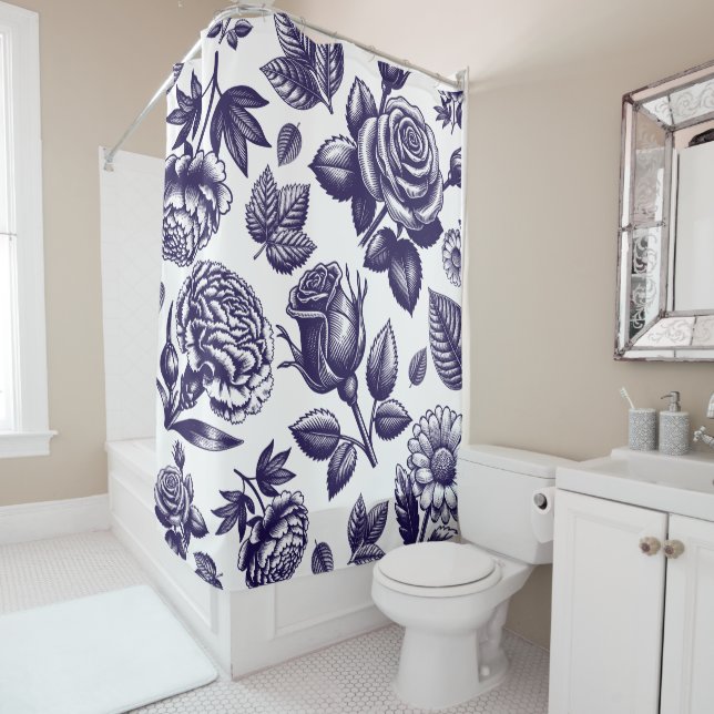 Navy Blue Floral Vintage  Shower Curtain (In Situ)