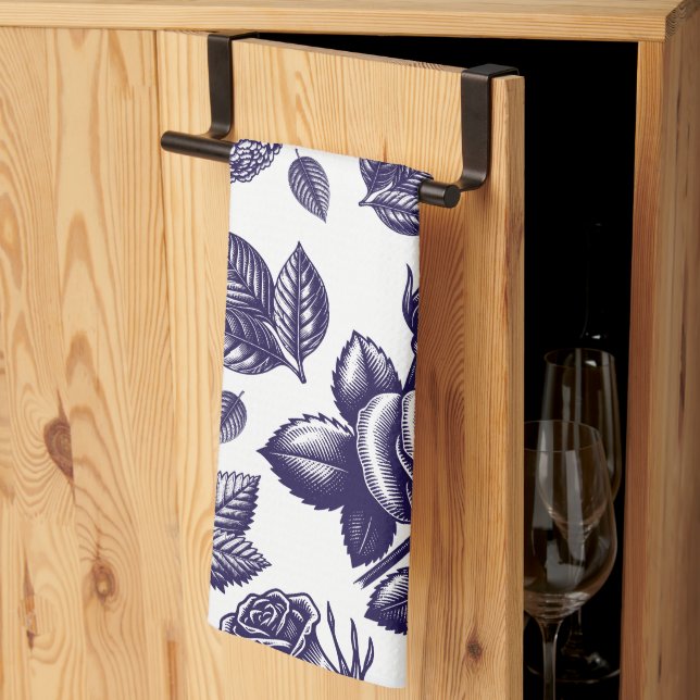 Navy blue Floral Vintage  Tea Towel (Thirds Fold)