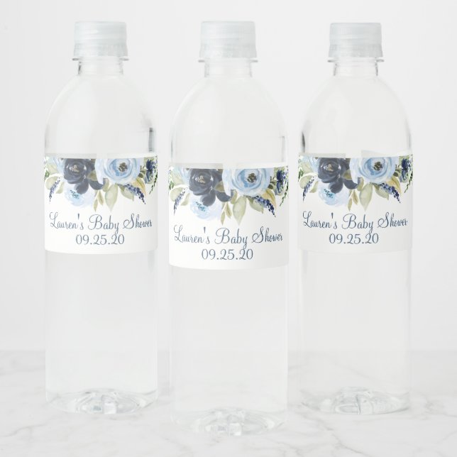 Navy blue floral water bottle label (Bottles)