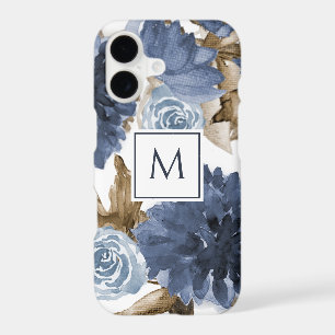 Navy Blue Floral Watercolor Brown Foliage Initial