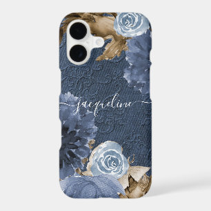 Navy Blue Floral Watercolor Brown Foliage Monogram