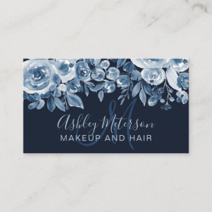 Navy blue floral watercolor chic makeup monogram business card