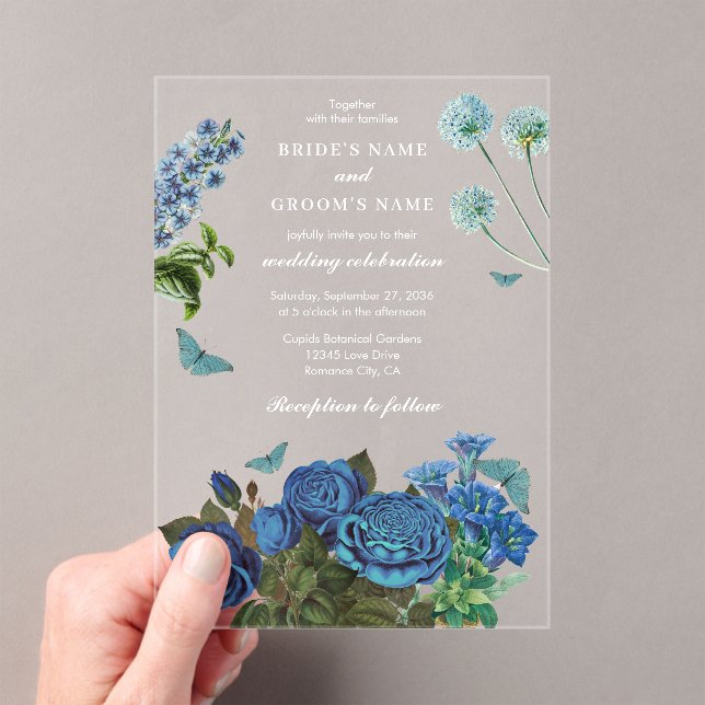 Navy Blue Floral Watercolor Elegant Wedding  Acrylic Invitations (Insitu (Handheld))