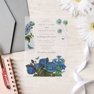 Navy Blue Floral Watercolor Elegant Wedding Vellum Invitations