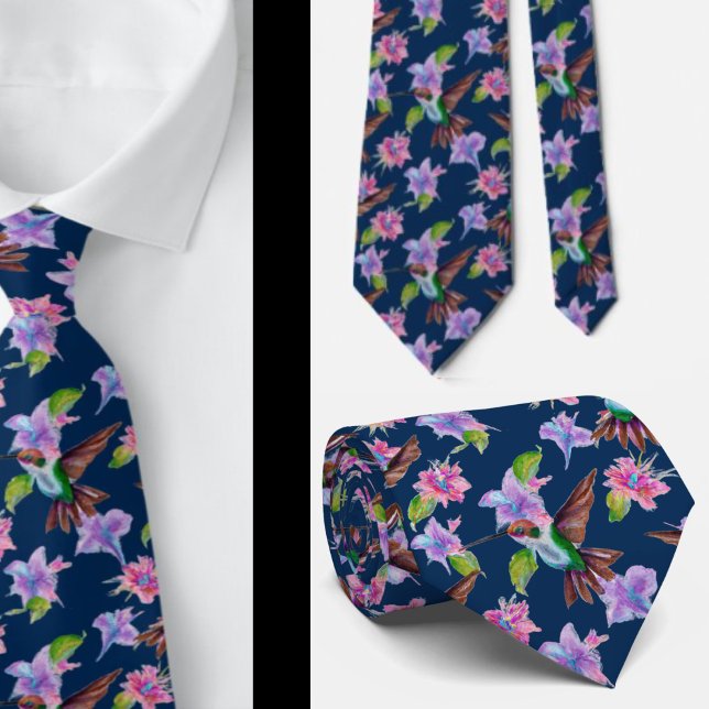 Navy Blue Floral Watercolor Hummingbird Flowers Tie (Creator Uploaded)