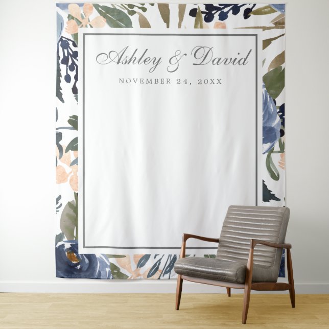 Navy Blue Floral Watercolor Photo Booth Backdrop Tapestry (In Situ)