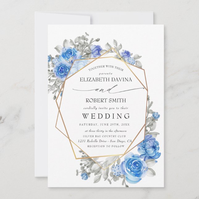  Navy Blue Floral Watercolor Wedding Invitation (Front)