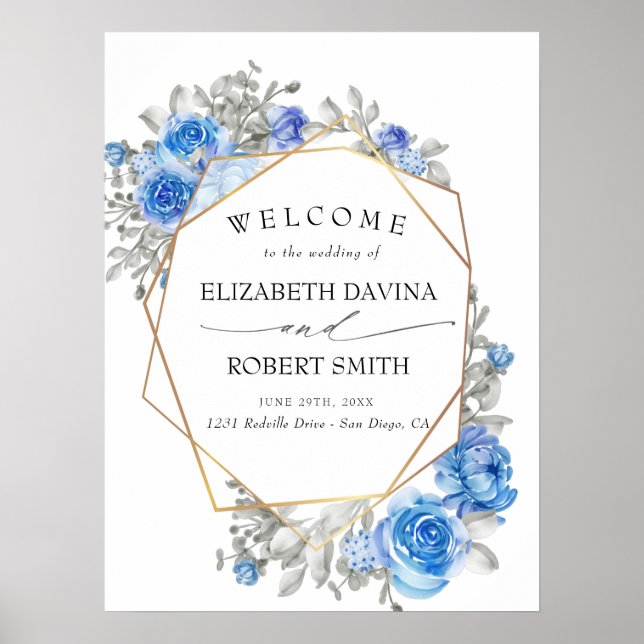 Navy Blue Floral Watercolor Wedding Poster (Front)