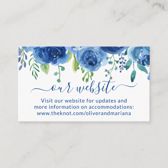 Navy Blue Floral Website Wedding  Enclosure Card (Front)
