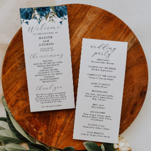 Navy Blue Floral Wedding Ceremony Program Programme