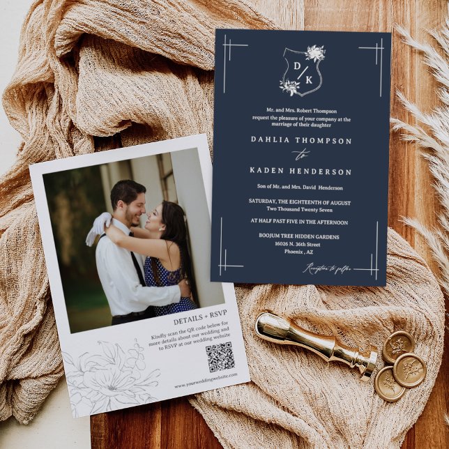 Navy Blue Floral Wedding Crest QR Code Photo Invitation (Creator Uploaded)