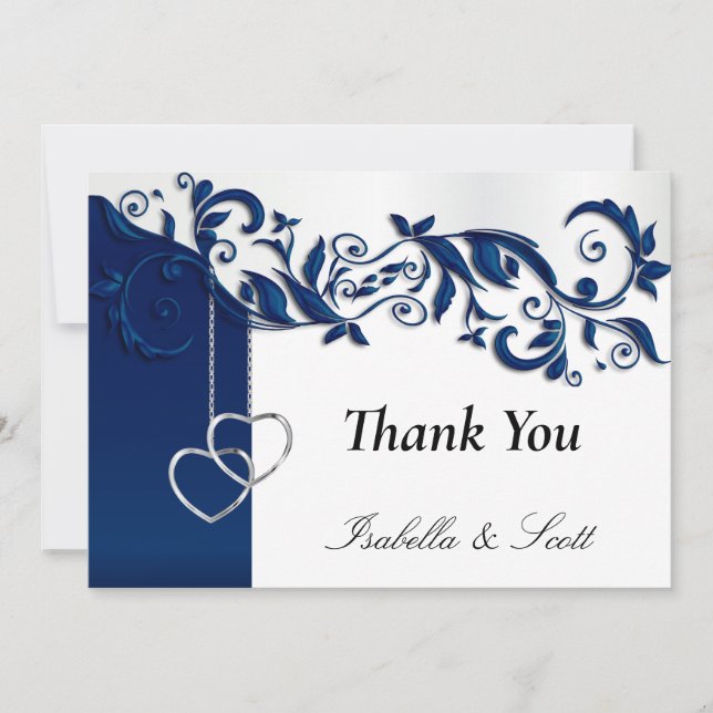 Navy Blue Floral Wedding Design Thank You Card (Front)