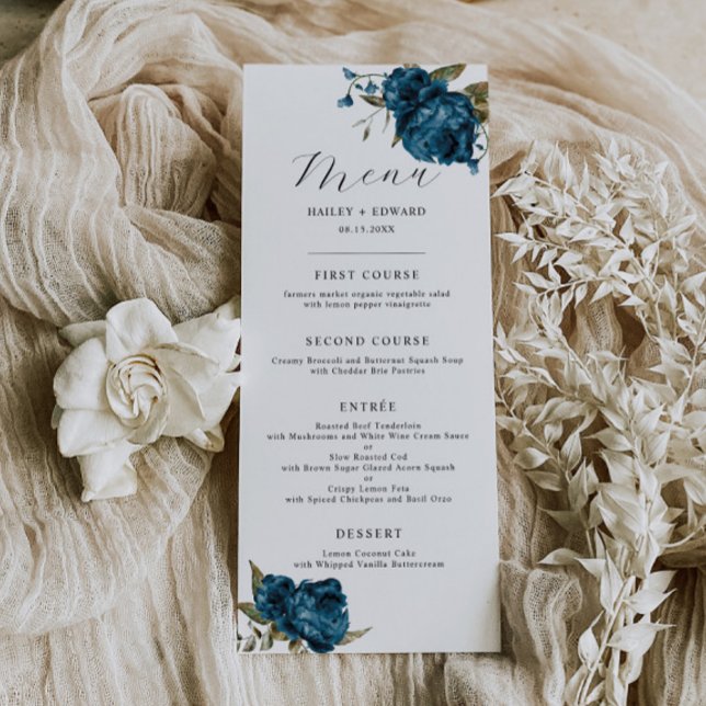 Navy Blue Floral Wedding Dinner Menu (Creator Uploaded)