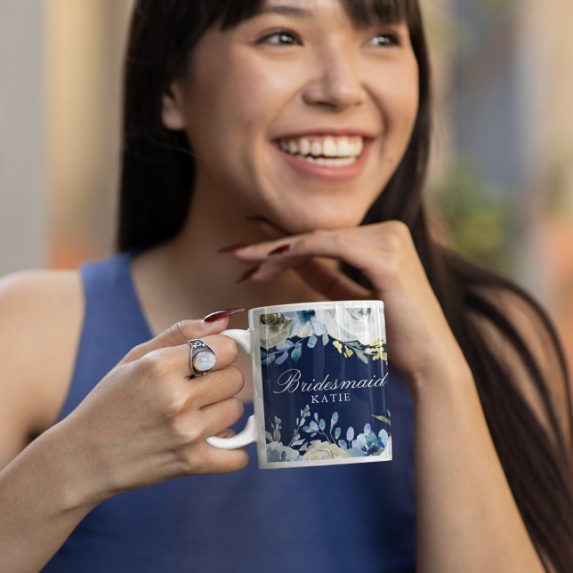 Navy Blue Floral Wedding Elegant Bridesmaid Gift Coffee Mug (Creator Uploaded)