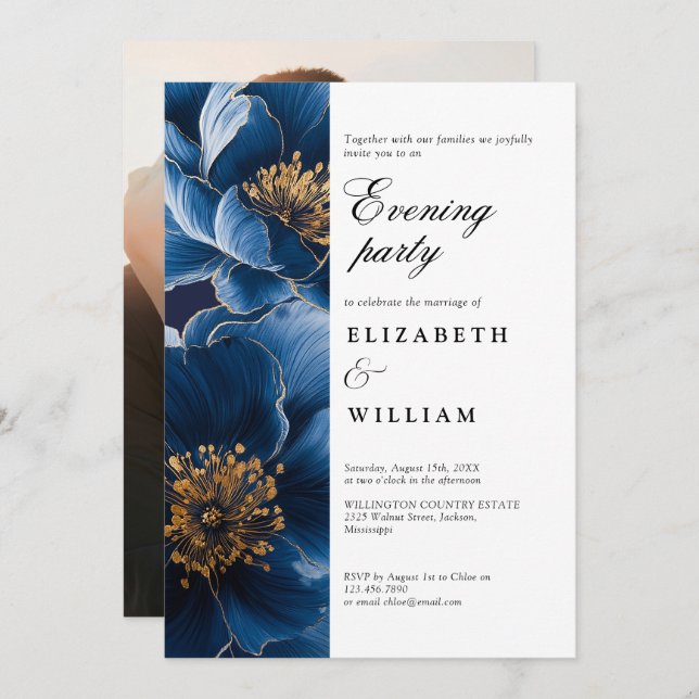 Navy Blue Floral Wedding Evening Party Photo Invitation (Front/Back)