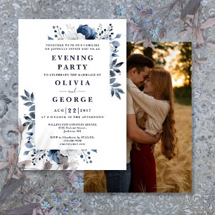 Navy Blue Floral Wedding Evening Party Photo Invitation
