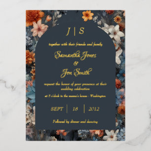 Navy blue floral wedding foil invitation postcard