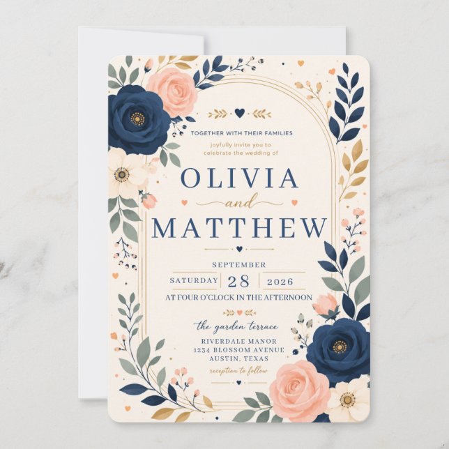 Navy Blue Floral Wedding Invitation (Front)