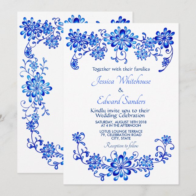 Navy Blue Floral Wedding invitation (Front/Back)