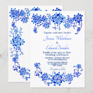 Navy Blue Floral Wedding invitation