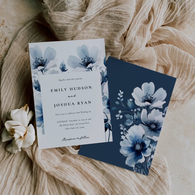 Navy Blue Floral Wedding Invitation (Creator Uploaded)