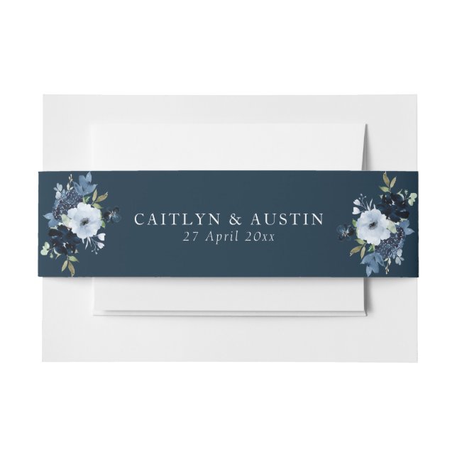 Navy Blue floral wedding invitation belly band (Front Example)