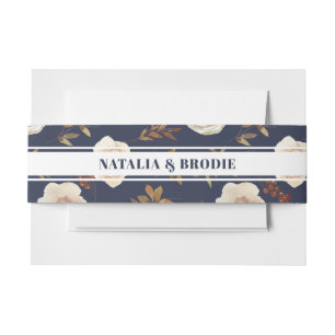 Navy Blue Floral Wedding Invitation Belly Band